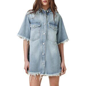 AllSaints Faye Frayed Short Sleeve Mini Denim Dress Jean Raw Edge Button Up